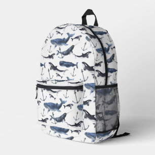 Watercolor Whale & Anchor Pattern Printed Backpack