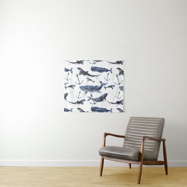 Watercolor Whale & Anchor Pattern Tapestry (In Situ (Horizontal))
