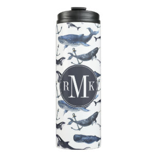 Watercolor Whale & Anchor Pattern Thermal Tumbler