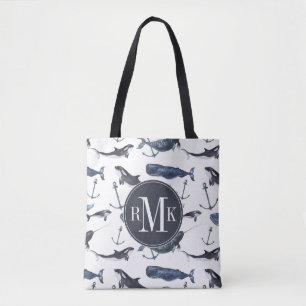 Watercolor Whale & Anchor Pattern Tote Bag