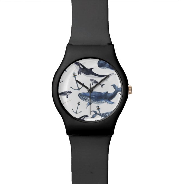Watercolor Whale & Anchor Pattern Watch (Close Up)