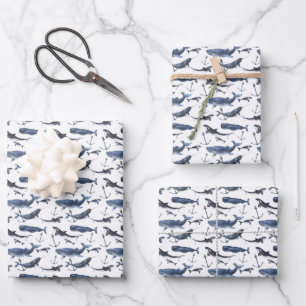 Watercolor Whale & Anchor Pattern Wrapping Paper Sheet