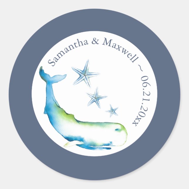Watercolor Whale and Starfish Blue  Classic Round Sticker (Front)