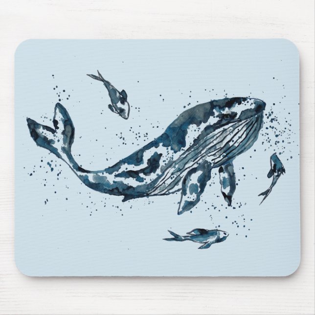 Watercolor Whale Blue Mouse Pad (Front)