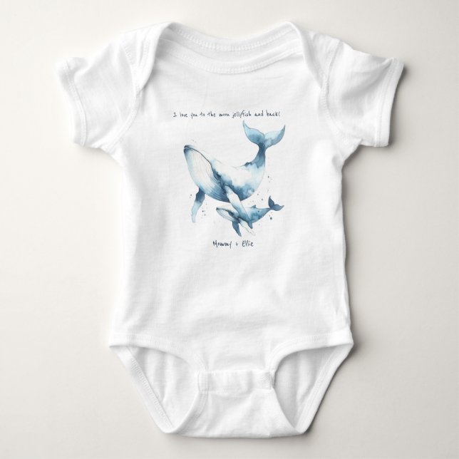 Watercolor Whale Mother Baby Calf Blue Personalise Baby Bodysuit (Front)
