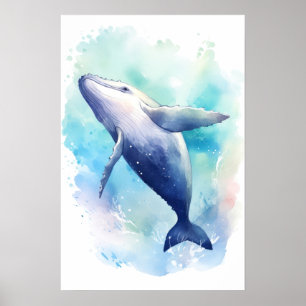 Watercolor Whale Sketch.  Small Poster