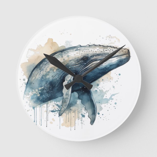 Watercolor Whale Wonder Round Clock (Front)