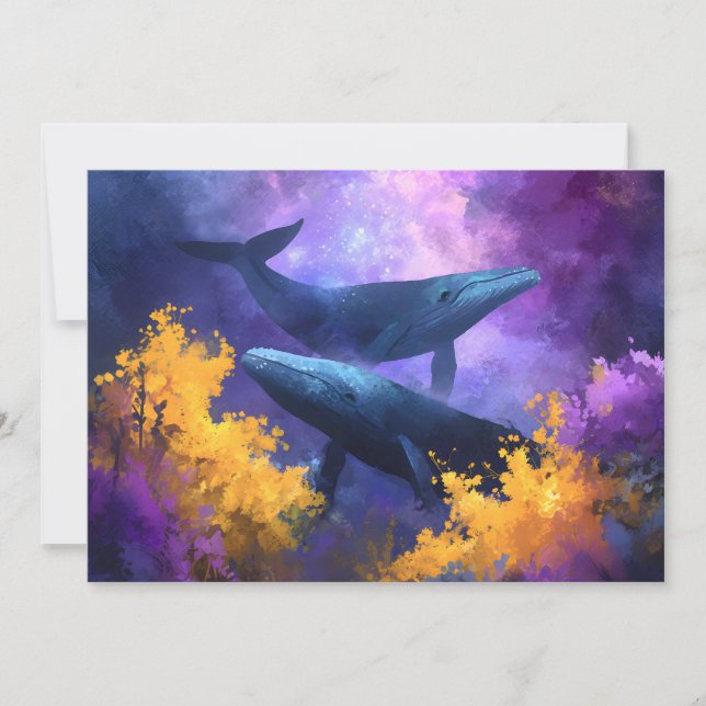 Watercolor Whales Abstract Ocean Garden Holiday Card (Front)