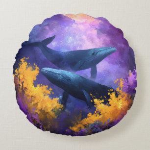 Watercolor Whales Abstract Ocean Garden Round Cushion