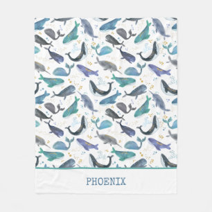 Watercolor Whales Ocean Fish Gold Blue  Fleece Blanket