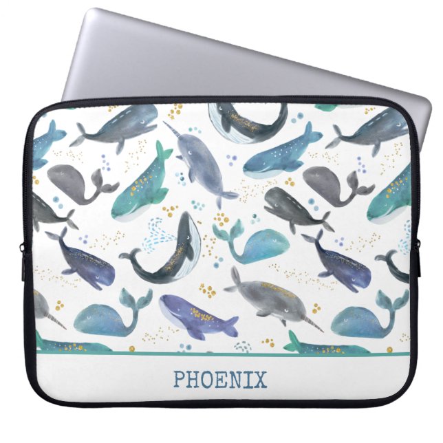 Watercolor Whales Ocean Fish Gold Blue Laptop Sleeve (Front)
