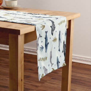 Watercolor whales short table runner