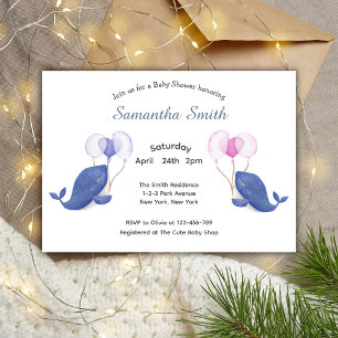 Watercolor Whales with balloons Baby Shower Invitation