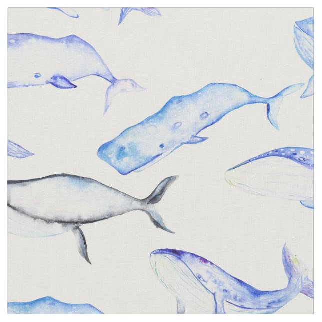 Watercolor Whales With Dolphins Pattern Fabric (Close Up)
