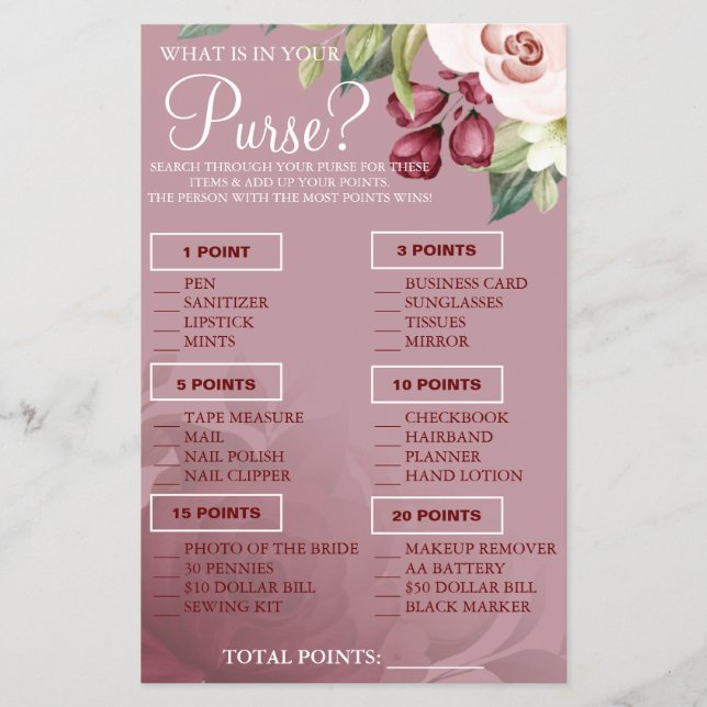 Watercolor  What is in your purse Shower game card (Front)