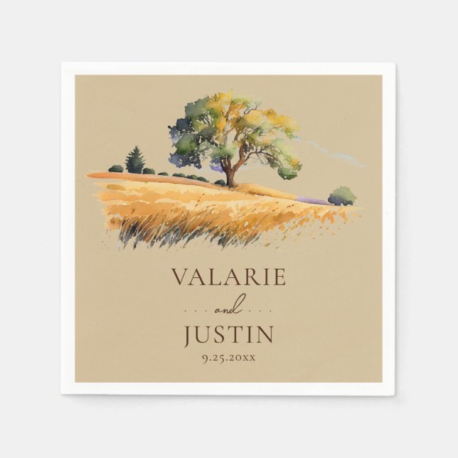 Watercolor Wheat Field Trees Wedding Napkins (Front)