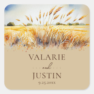 Watercolor Wheat field Wedding  Square Sticker