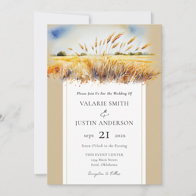 Watercolor Wheat Field Western Wedding All in One Invitation (Front)
