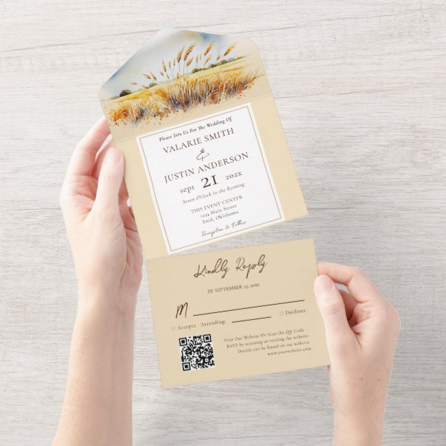 Watercolor Wheat Field Western Wedding All In One Invitation (Tearaway)