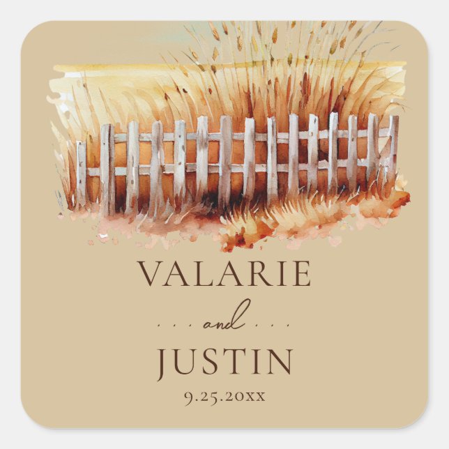 Watercolor Wheat Western Wedding  Square Sticker (Front)