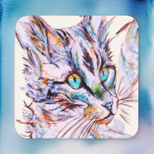 Watercolor Whimsical Artistic Cat Square Paper Coaster