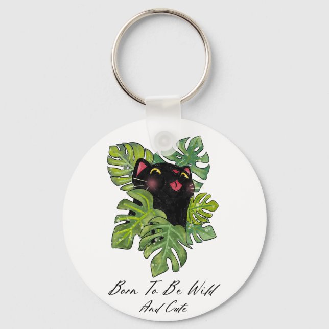 Watercolor Whimsical Black Cat And Monstera Key Ring (Front)