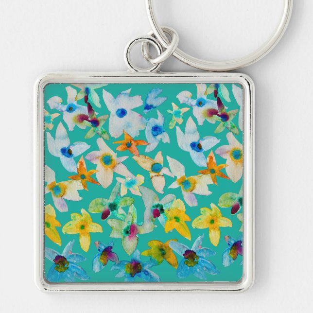 Watercolor whimsical blue flowers key ring (Front)