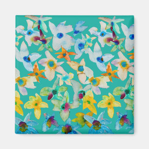 Watercolor whimsical blue flowers magnet