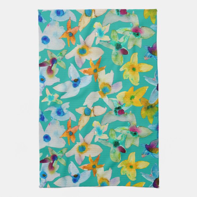 Watercolor whimsical blue flowers tea towel (Vertical)