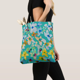 Watercolor whimsical blue flowers tote bag