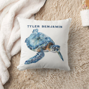 Watercolor Whimsical Blue Sea Turtle Cushion