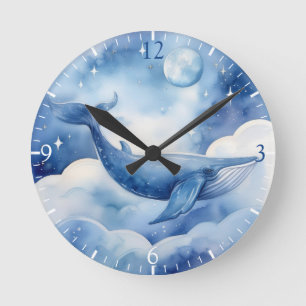 Watercolor Whimsical Blue Whale Round Clock