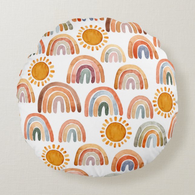 Watercolor Whimsical Boho Rainbow and Sun  Round Cushion (Front)