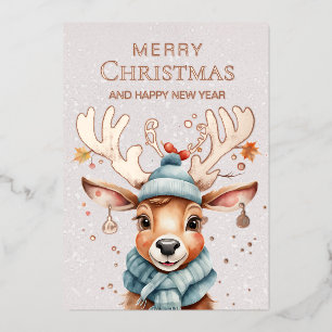 Watercolor Whimsical Christmas Reindeer Rose Gold  Foil Holiday Card
