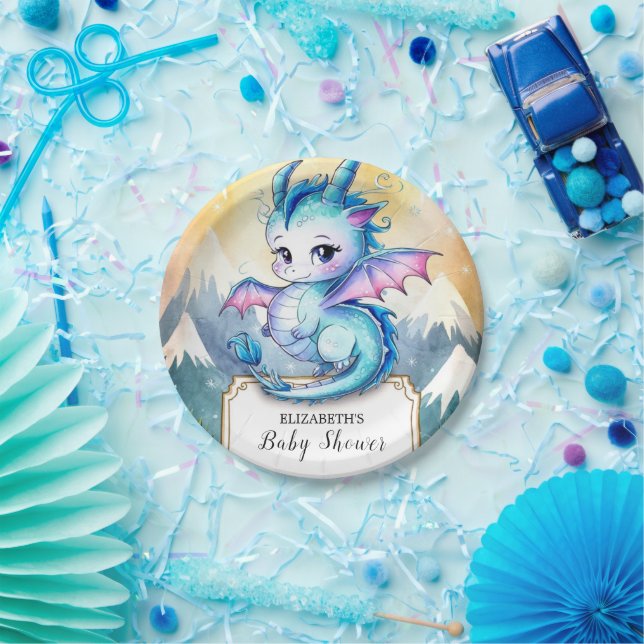 Watercolor Whimsical Dragon Baby Shower Paper Plate (Party)