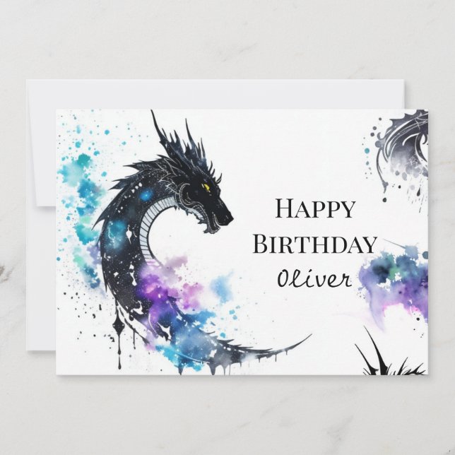 Watercolor Whimsical Dragon Birthday Card (Front)