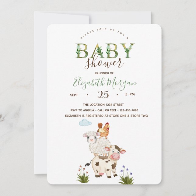 Watercolor Whimsical Farm Animals Baby Shower   Invitation (Front)