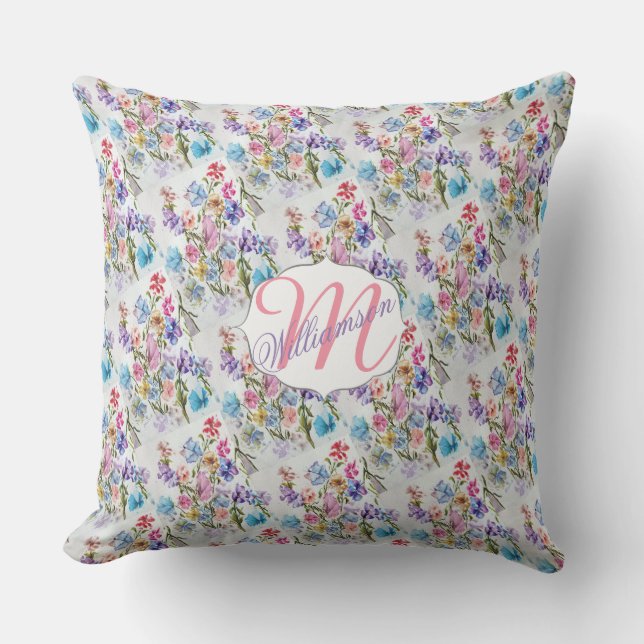 WATERCOLOR WHIMSICAL FLOWER PATTERN OUTDOOR CUSHION (Front)