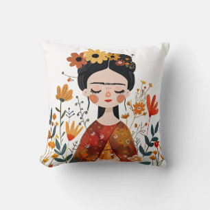 Watercolor Whimsical Frida Kahlo Illustration Cushion