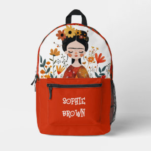 Watercolor Whimsical Frida Kahlo with Name Orange Printed Backpack