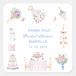    Watercolor whimsical hand drawn bridal shower Square Sticker