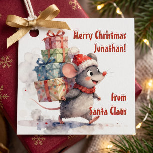 Watercolor Whimsical Mouse From Santa Kids Xmas Favour Tags