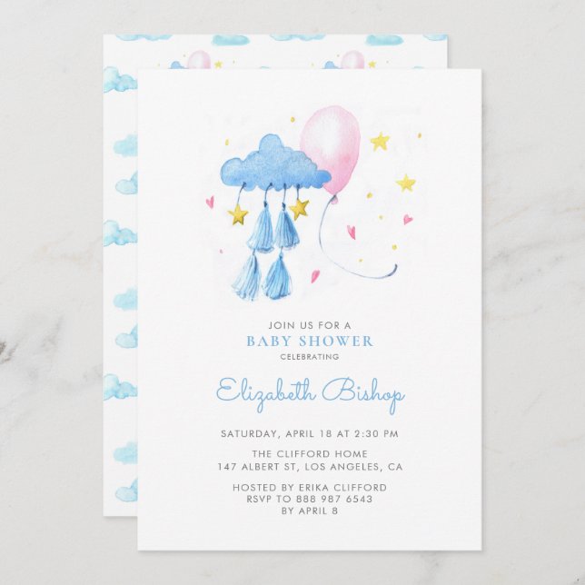 Watercolor Whimsical Sky Cute Baby Shower Invitation (Front/Back)