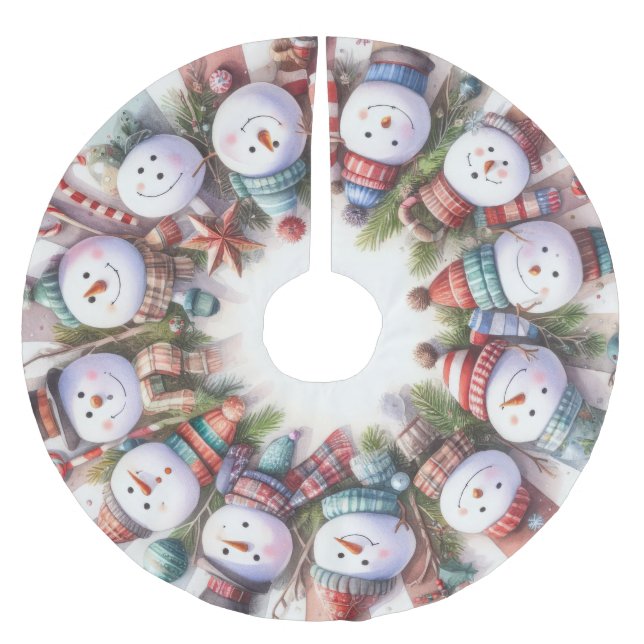 Watercolor Whimsical Snowmen Christmas Brushed Polyester Tree Skirt (Front)