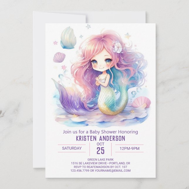 Watercolor Whimsy Mermaid Baby Shower Invitation (Front)