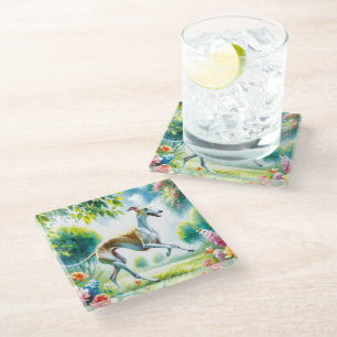 Watercolor Whippet Yellow Blue Orange Pink Art Glass Coaster