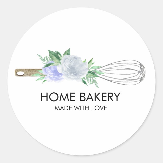 Watercolor Whisk and Flowers Baking  Classic Round Sticker (Front)