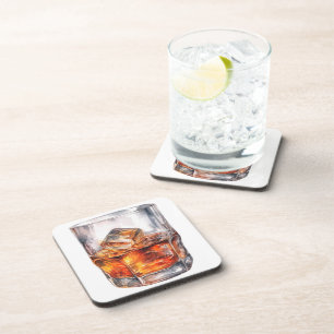 WATERCOLOR WHISKEY ON THE ROCKS COASTER