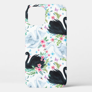 Watercolor white and black swan lake seamless patt iPhone 12 case