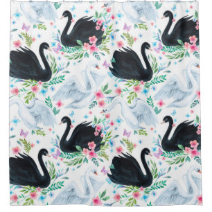 Watercolor white and black swan lake seamless patt shower curtain